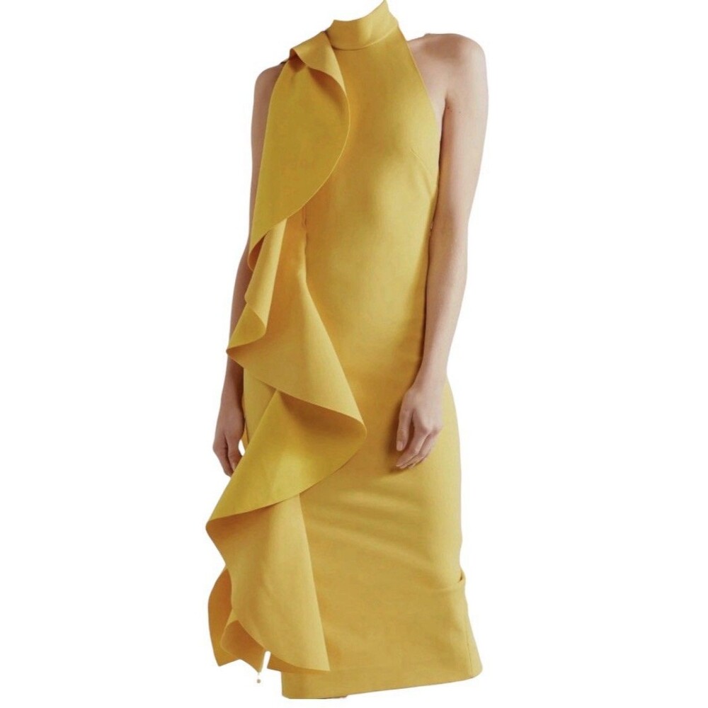 Solace London Amelle Dress Yellow Draped Crepe Sheath Midi 4 Cocktail Quiet Lux
